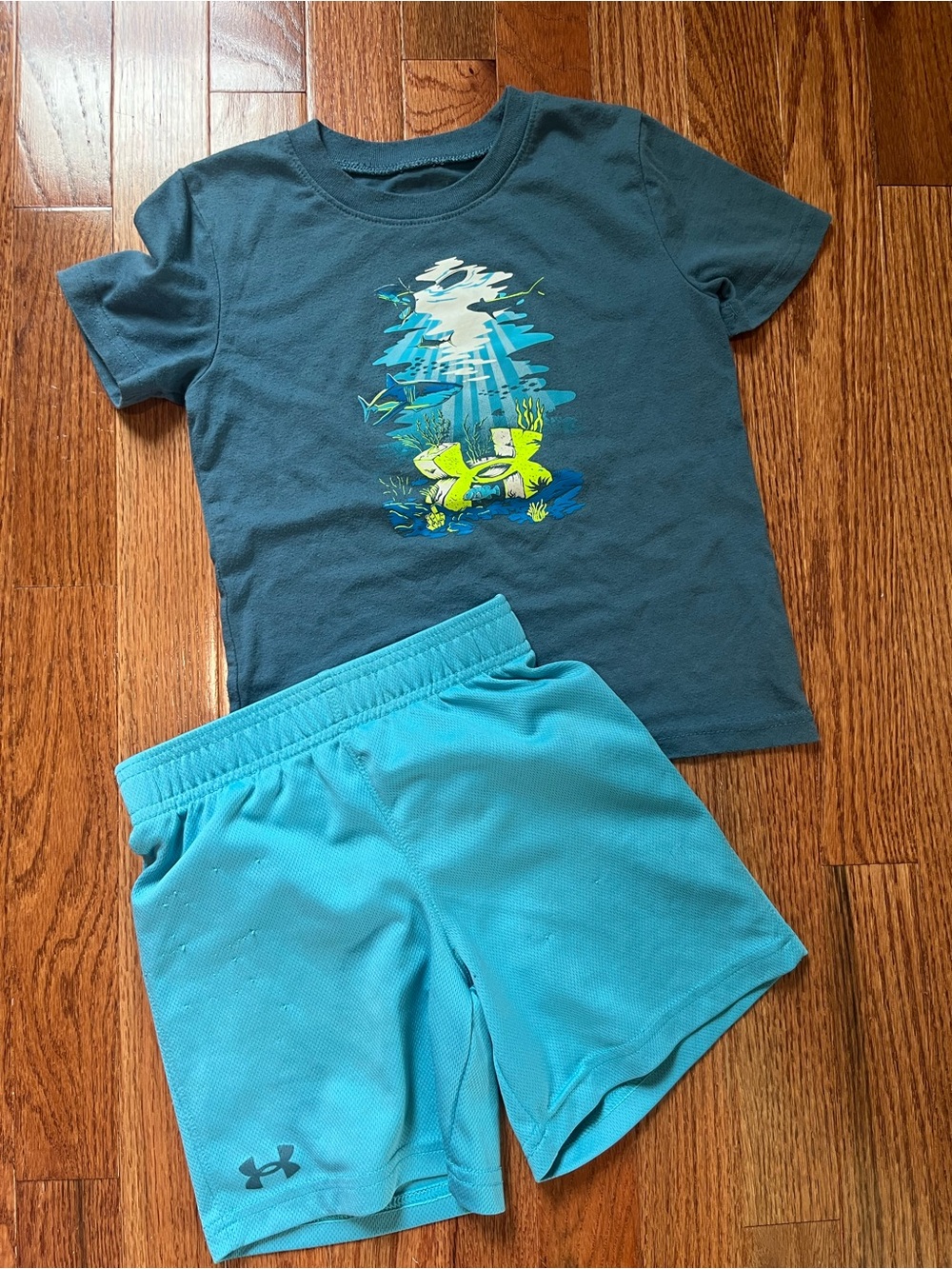 Under Armour Boys Teal Graphic Tee & Aqua Athletic Shorts